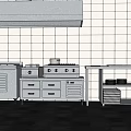 Stainless Steel Kitchen Appliances Range Hood Stove And Cabinets On White Tiled Wall Gray Floor