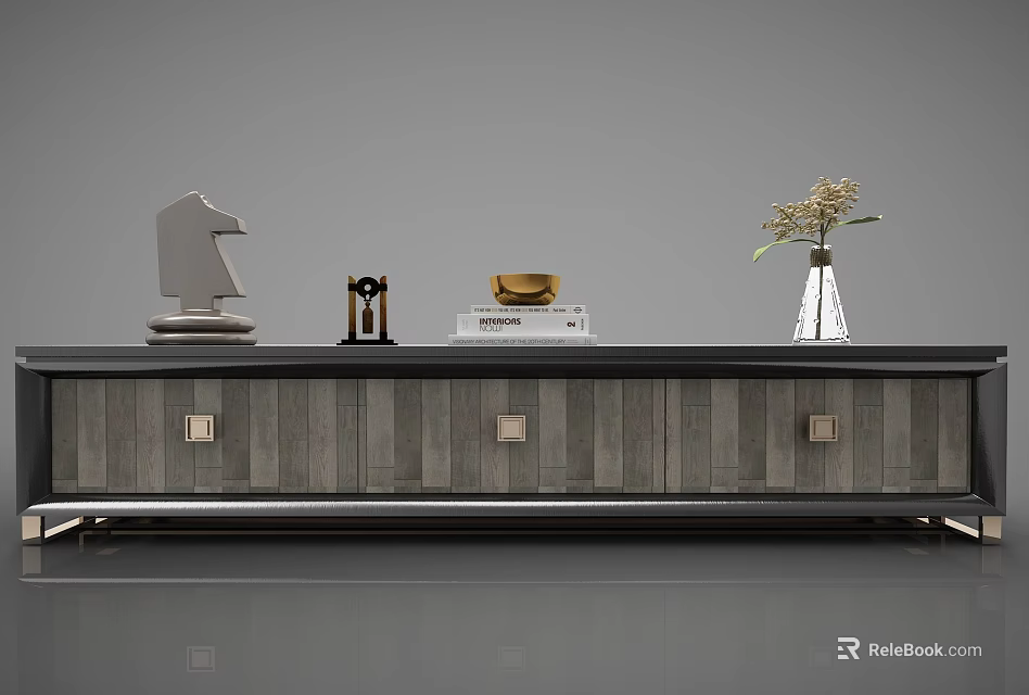 Modern TV Stand With Sleek Wooden Design And Decorative Sculpture Clock Books Vase Flowers 3d model 