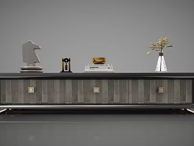Modern TV Stand With Sleek Wooden Design And Decorative Sculpture Clock Books Vase Flowers 3d model