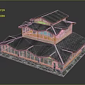 Traditional Wooden Building With Multi Layered Curved Roof And Stone Base Design