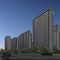 Modern High Rise Residential Complex With Glass Curtain Walls Street Trees And Cars
