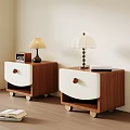 Modern Wooden Nightstands with White Drawers Rolling Wheels and Table Lamps