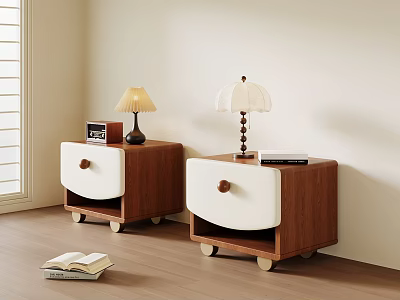 Modern Wooden Nightstands with White Drawers Rolling Wheels and Table Lamps 3d model