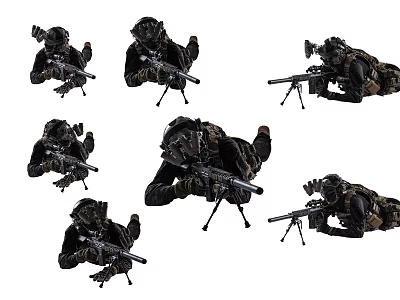 Man in Tactical Gear Holding Sniper Rifle in Various Military Positions 3d model