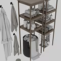 Bathroom Storage Rack with Wooden Shelves Holding Bathrobes Towels and Toiletries