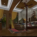 Hotel Room Interior With Wooden Ceiling Canopy Bed Ceiling Fan And Colorful Rug