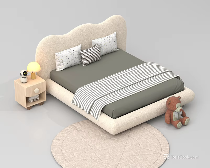 Kids Bed with Cloud Shaped Headboard Pillows Striped Blanket Nightstand Lamp Teddy Bear and Rug 3d model 