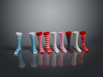 Colorful Patterned Socks Collection with Stripes Polka Dots Snowflake Designs Neatly Arranged on Grey Background 3d model
