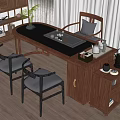 Modern Chinese Style Solid Wood Tea Table with Gray Cushioned Chairs and Tea Set 3d model