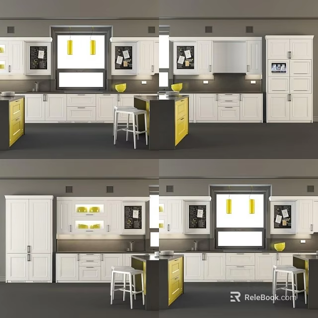 Modern Kitchen Interior With White Yellow Cabinets Upper Base Cabinets Island And Decor 3d model 
