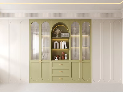 Light Green Bookcase With Glass Doors And Drawers Against Light Colored Walls 3d model