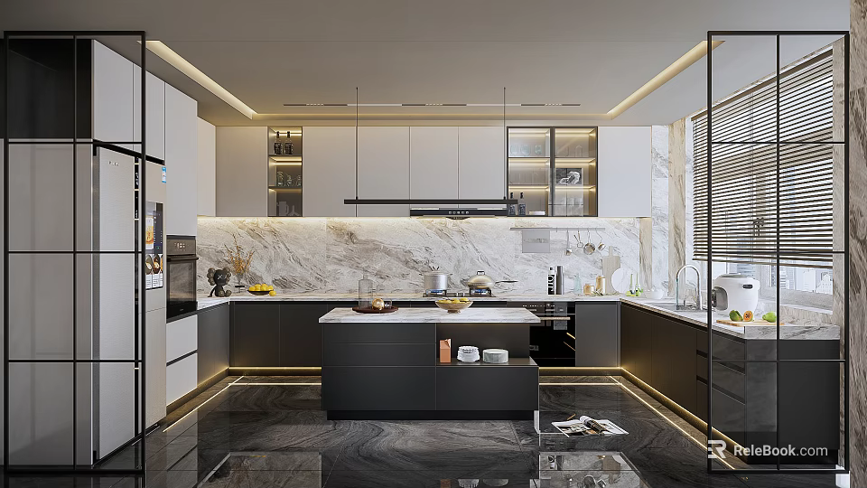 Modern Kitchen Interior With Marble Island Countertop Cabinets And Appliances Lighting 3d model 