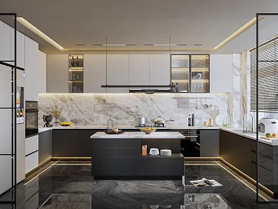 Modern Kitchen Interior With Marble Island Countertop Cabinets And Appliances Lighting 3d model