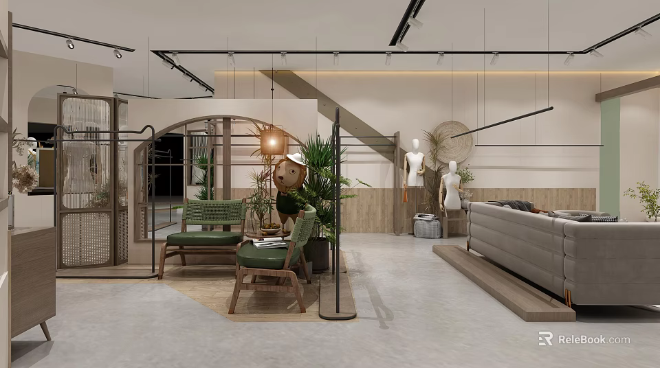 Modern Fashion Clothing Store Interior With Mannequins Green Plants And Sofa Seating 3d model 