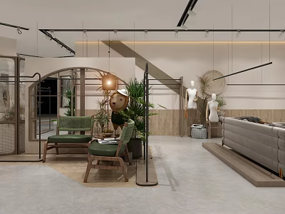 Modern Fashion Clothing Store Interior With Mannequins Green Plants And Sofa Seating 3d model