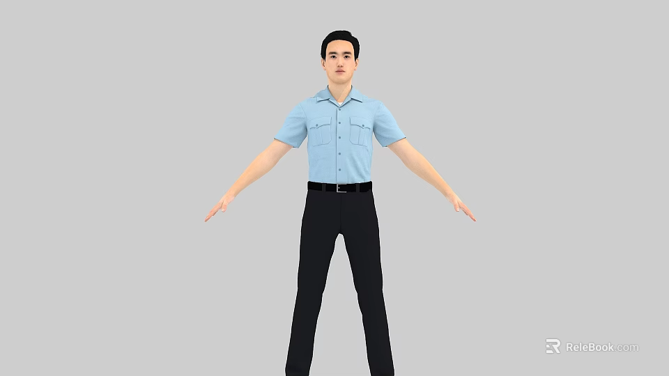 Man In Blue Short Sleeve Shirt And Black Pants Standing With Arms Outstretched 3d model 