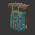 Blue Backpack With Beige Straps Rolled Green Item Round Emblem And Small Brown Pocket