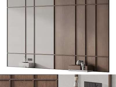 Modern Bedroom Accent Wall With Wooden And Light Panel Design And Decorative Ornaments 3d model