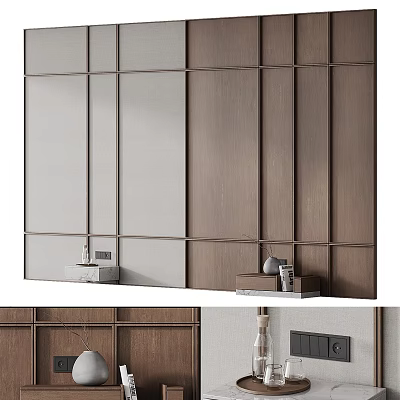 Modern Bedroom Accent Wall With Wooden And Light Panel Design And Decorative Ornaments 3d model