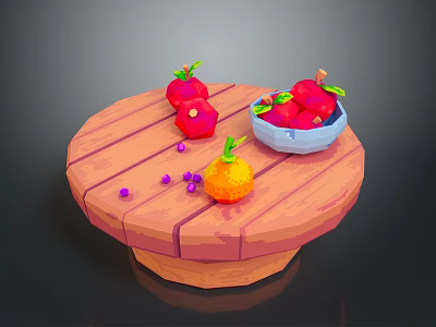 Fresh Assorted Fruits on Wooden Round Table with Blue Bowl and Purple Grapes 3d model
