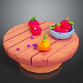 Fresh Assorted Fruits on Wooden Round Table with Blue Bowl and Purple Grapes