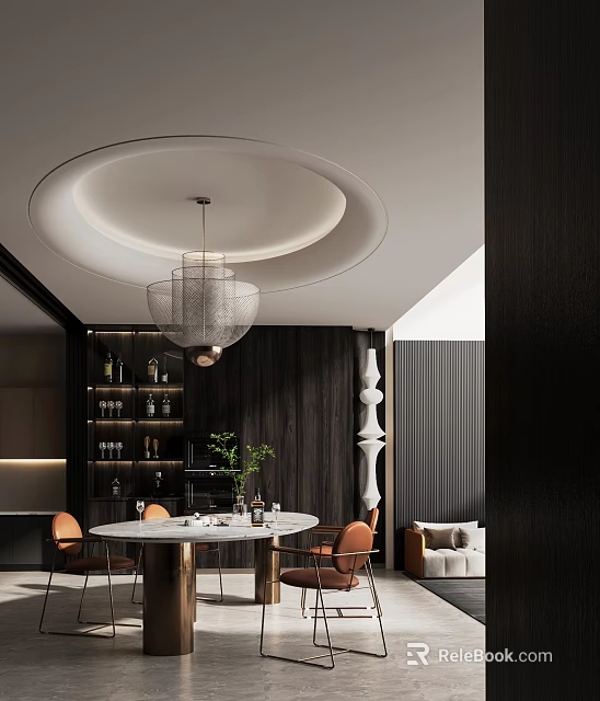 Modern Restaurant Interior With Round Marble Dining Table Chandelier Dark Wooden Walls And Wine Rack 3d model 