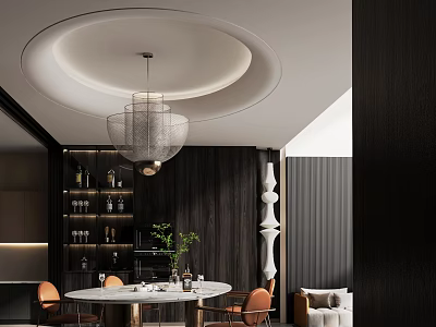 Modern Restaurant Interior With Round Marble Dining Table Chandelier Dark Wooden Walls And Wine Rack 3d model