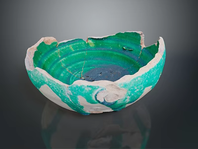 Broken Ceramic Bowl With Green And White Glaze Cracks And Chips 3d model