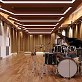 Spacious Music Room Interior With Piano Drum Set Microphone Stands Wooden Floor And Ceiling