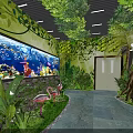 Lush Green Plant Decor With Tree Branch Archway And Large Aquarium Featuring Colorful Fish
