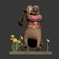 Brown Dachshund Holding Pink Donut With Red Collar On Path Green Grass And Yellow Flowers