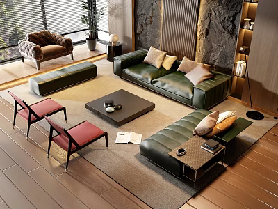 Modern Green Leather Sofa And Black Coffee Table Set With Red Chairs And Pillows 3d model