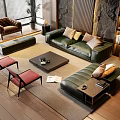 Modern Green Leather Sofa And Black Coffee Table Set With Red Chairs And Pillows