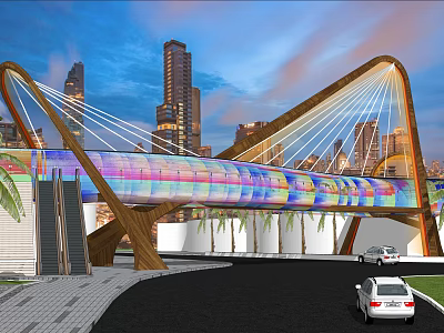 Illuminated Modern Curved Bridge With Colorful Panels Over Urban Road By Skyscrapers 3d model