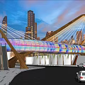 Illuminated Modern Curved Bridge With Colorful Panels Over Urban Road By Skyscrapers