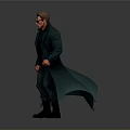 Man Standing In Green Trench Coat And Sunglasses Against Gray Background