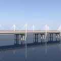 Modern Cable Stayed Bridge With White Pylons Over Water And Highway Lanes