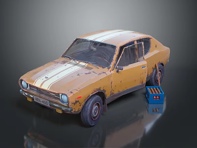 Yellow Old Car With White Stripes And Rusty Body Near Blue Toolbox 3d model