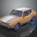 Yellow Old Car With White Stripes And Rusty Body Near Blue Toolbox