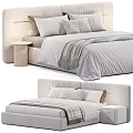 Modern Double Bed With Upholstered Headboard Decorative Pillows And Wooden Nightstand