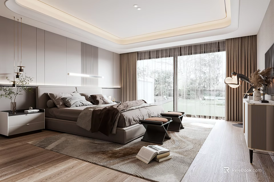 Modern Minimalist Bedroom Interior With Upholstered Bed Wooden Floor And Natural Light Through Large Windows 3d model 