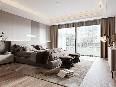 Modern Minimalist Bedroom Interior With Upholstered Bed Wooden Floor And Natural Light Through Large Windows 3d model