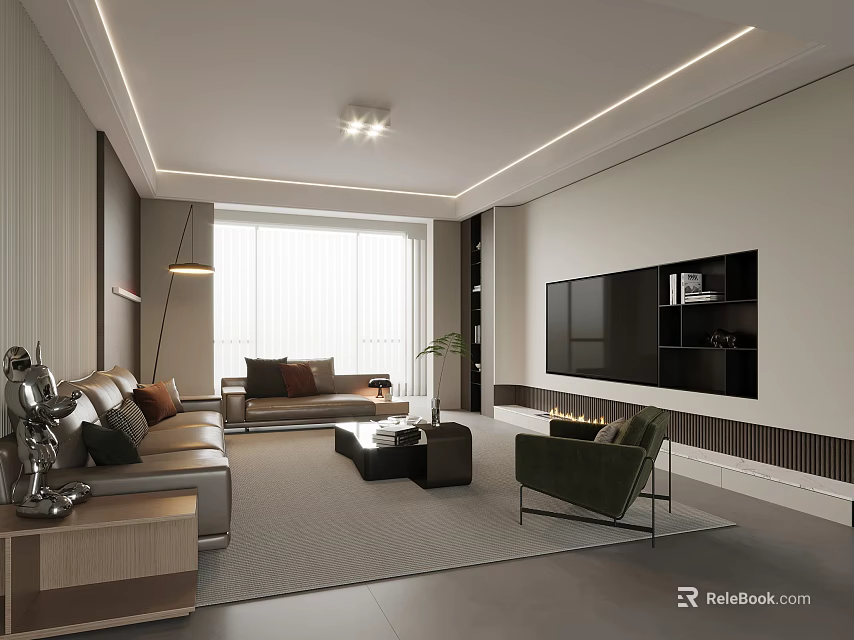 Modern Minimalist Living Room Interior With Built In TV Wall And Cozy Leather Sofas 3d model 