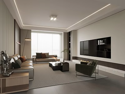 Modern Minimalist Living Room Interior With Built In TV Wall And Cozy Leather Sofas 3d model