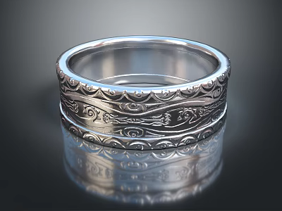 Elegant Silver Ring With Intricate Traditional Engravings And Ornate Patterns 3d model