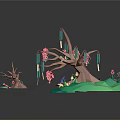 Colorful Cartoon Trees with Pink Flowers Green Base and Colorful Decorations in 3D Design