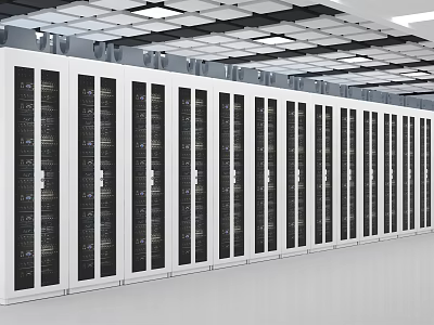 Technical Data Center Room Featuring Rows of Server Racks and Computer Servers 3d model