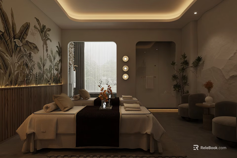 SPA Sauna Relaxing Room With Massage Bed Towels Plants And Decorative Lights 3d model 