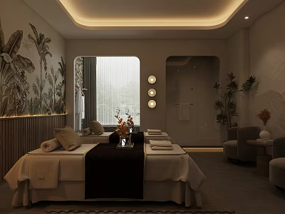 SPA Sauna Relaxing Room With Massage Bed Towels Plants And Decorative Lights 3d model