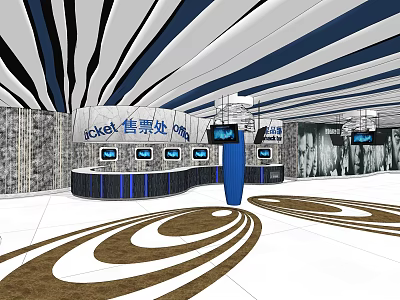 Modern Ticket Counter Front Desk with Striped Ceiling Marble Walls Screens and Circular Floor Patterns 3d model